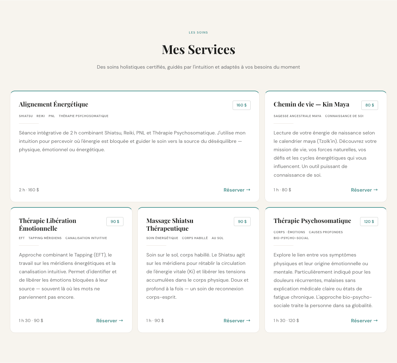 Five disciplines, each with price, duration, and a direct booking path.