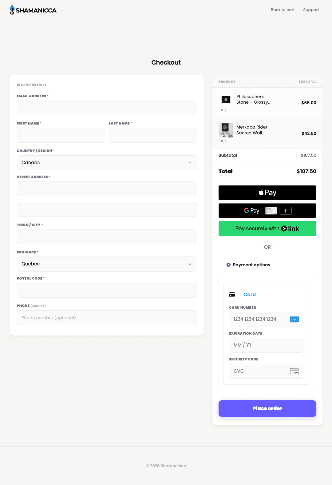Checkout configured for Canadian and U.S. tax handling.