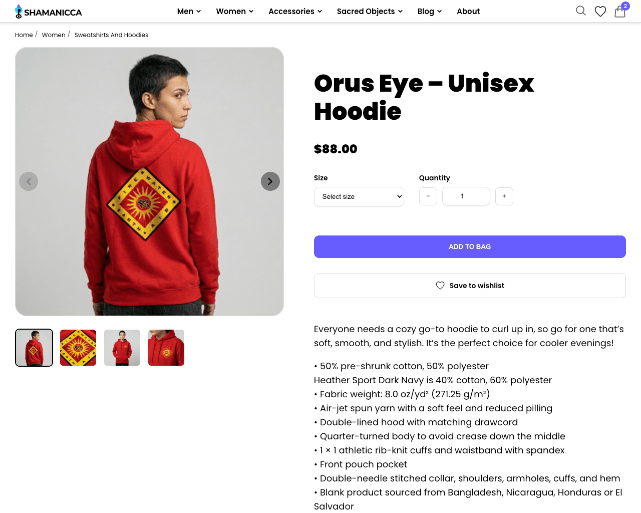 Shamanicca ecommerce, Product page. Desktop version.